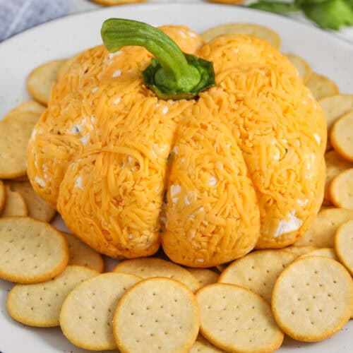 plated Pumpkin Cheese Ball with crackers