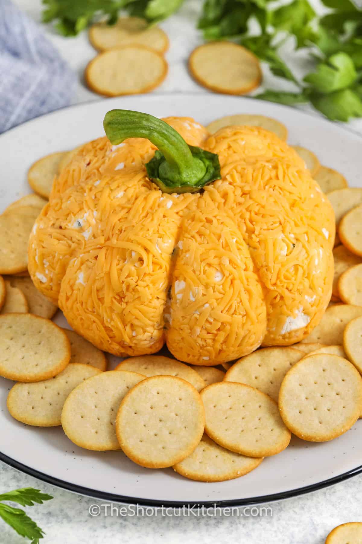 plated Pumpkin Cheese Ball with crackers
