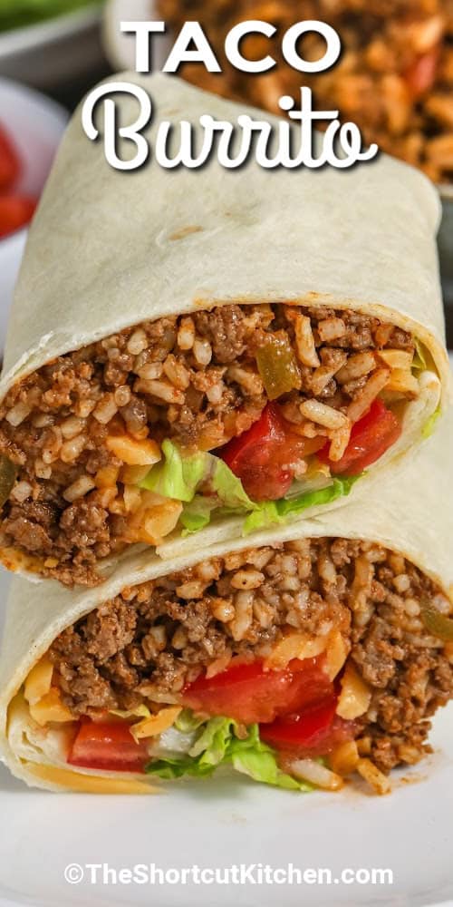 two taco burritos stacked on a plate with a title