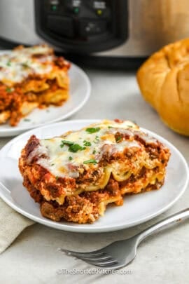 piece of slow cooker lasagna on a plate