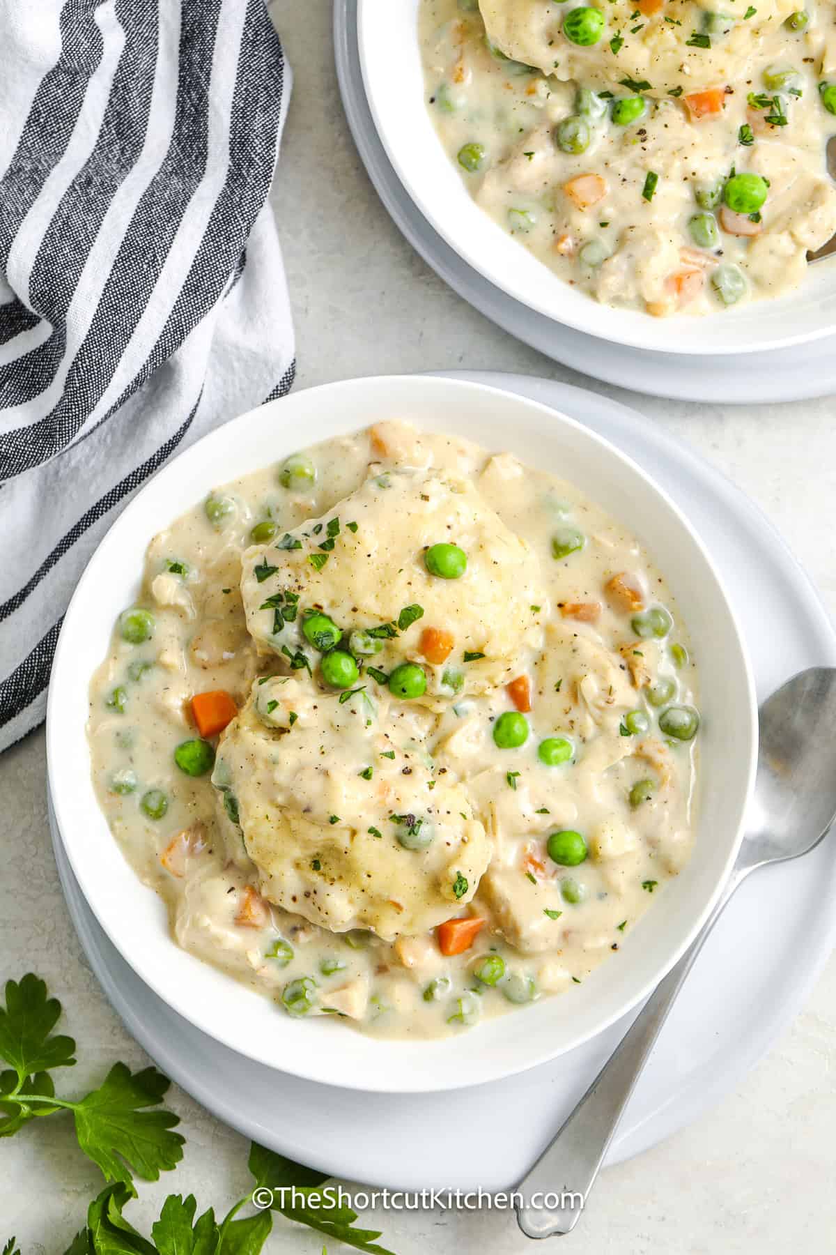 a bowl of chicken and dumplings ready to be served