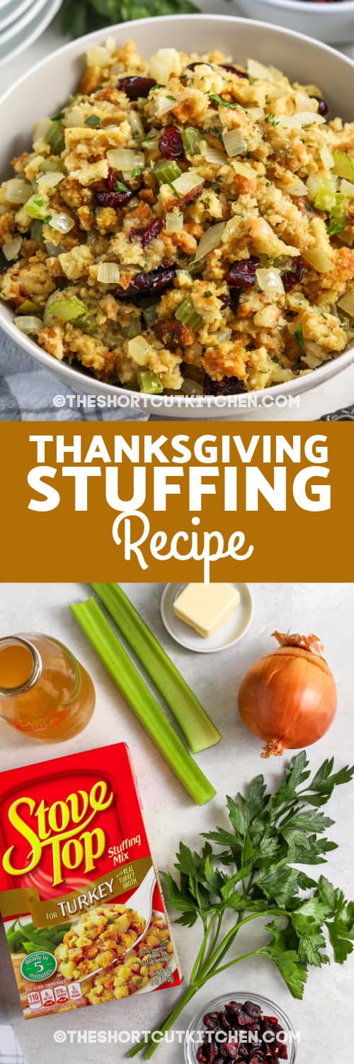 thanksgiving stuffing and ingredients with text