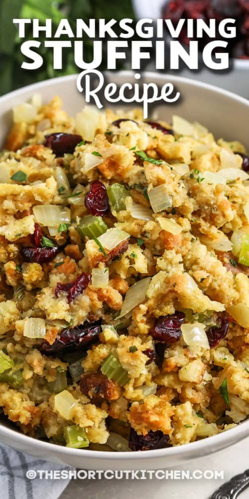 thanksgiving stuffing in a bowl with text