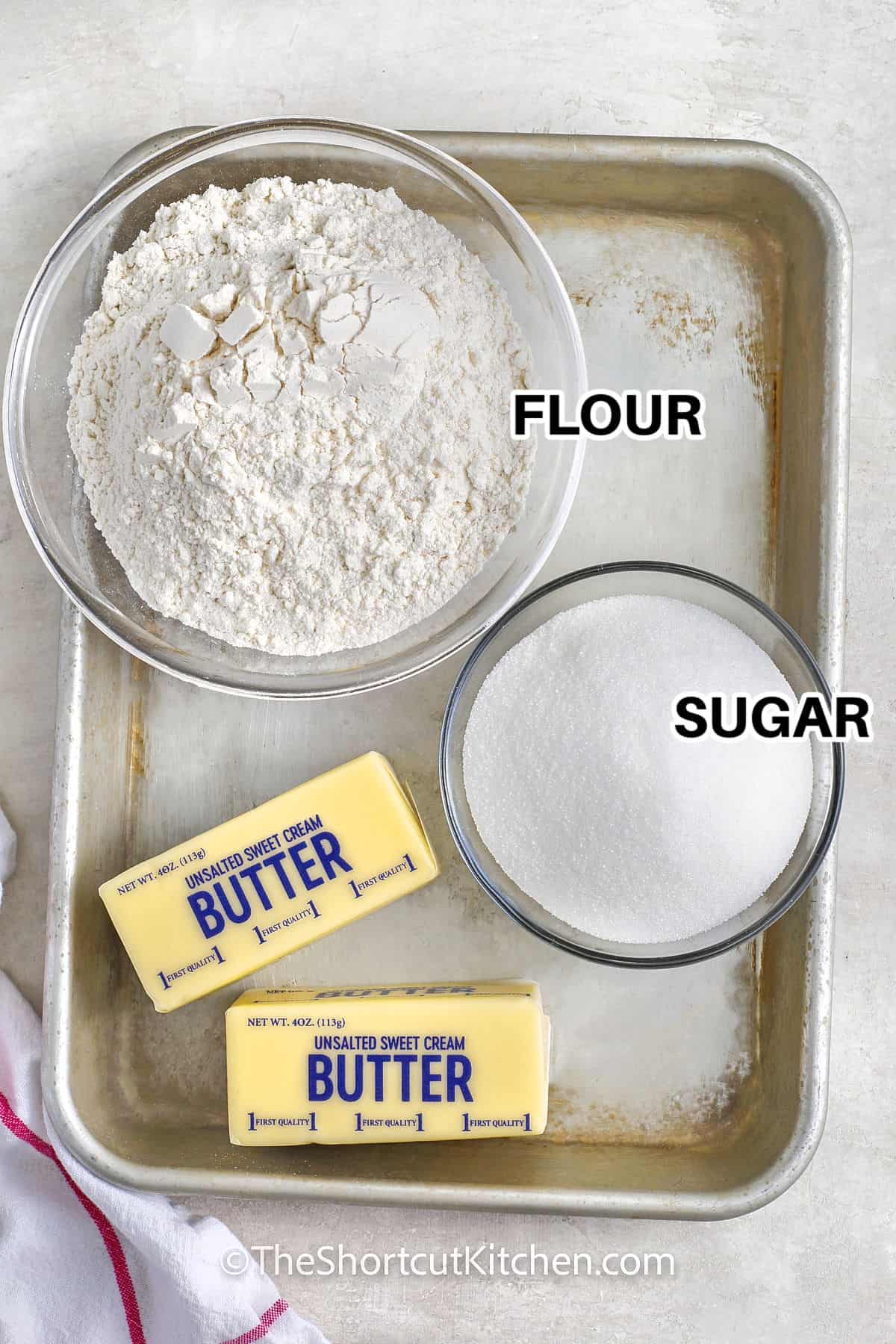 flour sugar and butter with labels to make 3 Ingredient Sugar Cookie Recipe