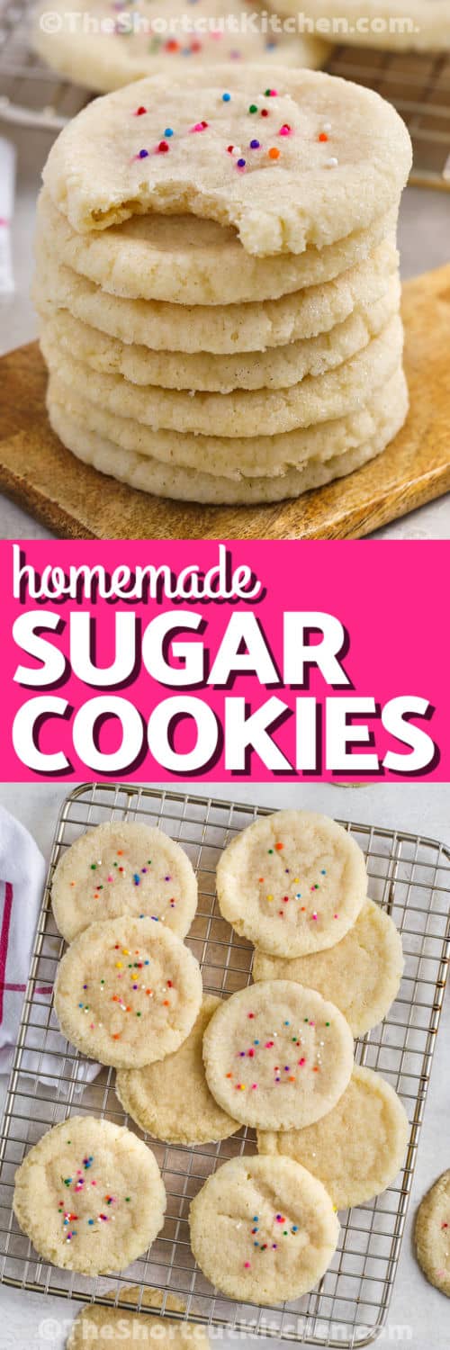 3 Ingredient Sugar Cookie Recipe on a cooling rack and in a stack with a title