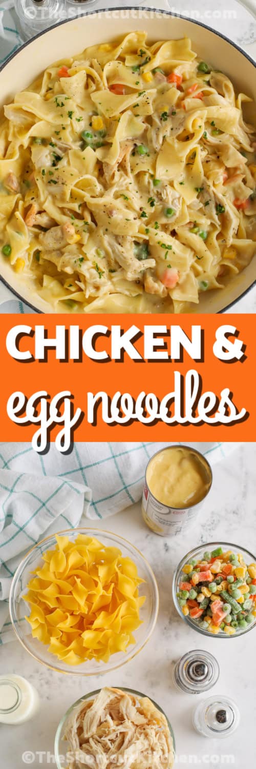 Chicken and Egg Noodles ingredients and Chicken and Egg Noodles in a pot with writing