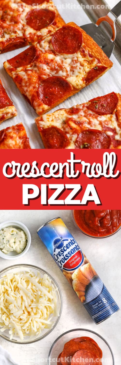 Crescent Roll Pizza ingredients and Crescent Roll Pizza on a sheet pan with writing