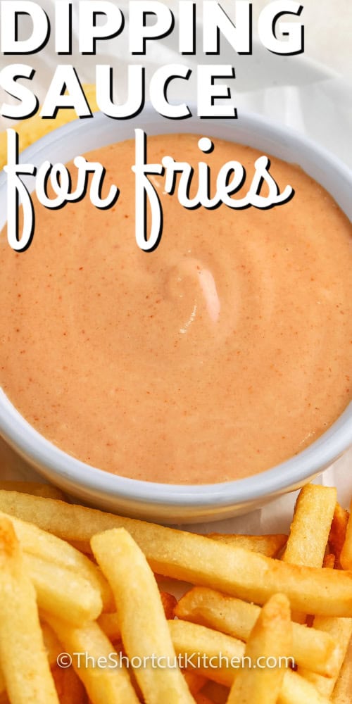 Fry Dipping Sauce in a dish with fries and writing