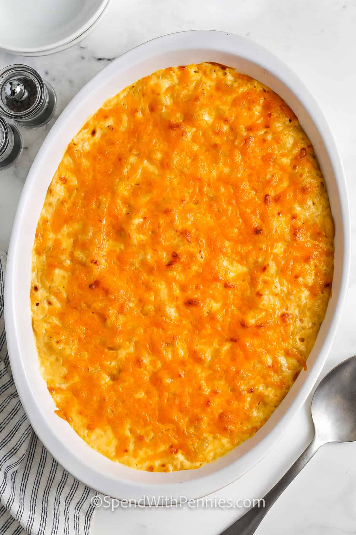 Sour Cream Macaroni and Cheese in a white casserole dish