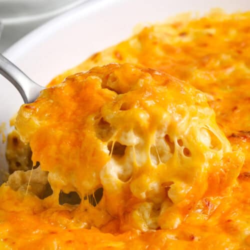 Sour Cream Macaroni and Cheese in a casserole dish with a serving spoon