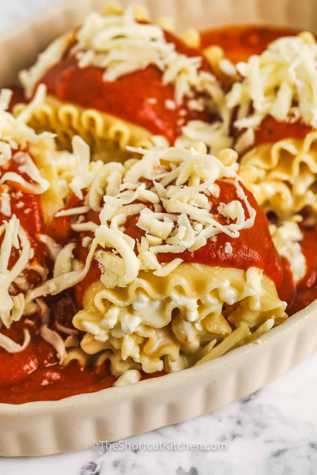 close up of Three Cheese Lasagna Rolls before cooking