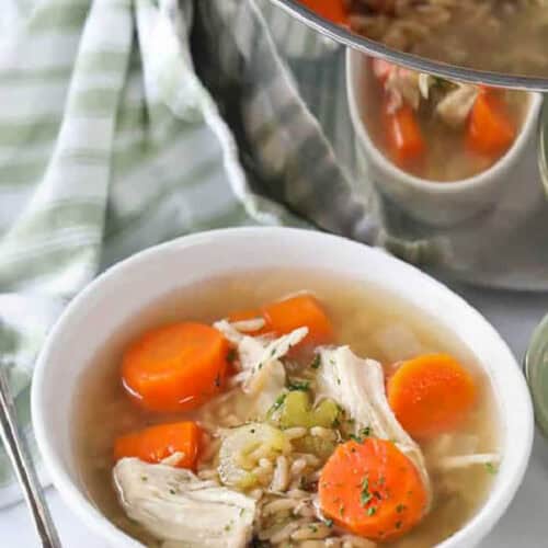 Chicken Rice Soup Recipe in bowl and in a pot