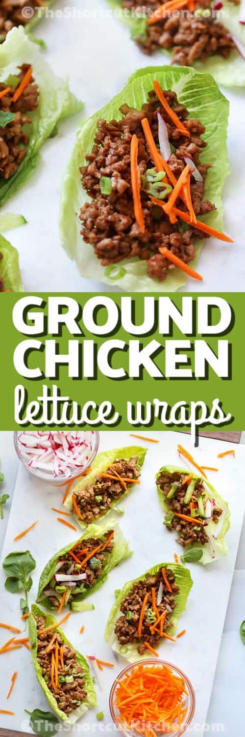 Chicken Lettuce Wraps on a cutting board and close up photo with a title