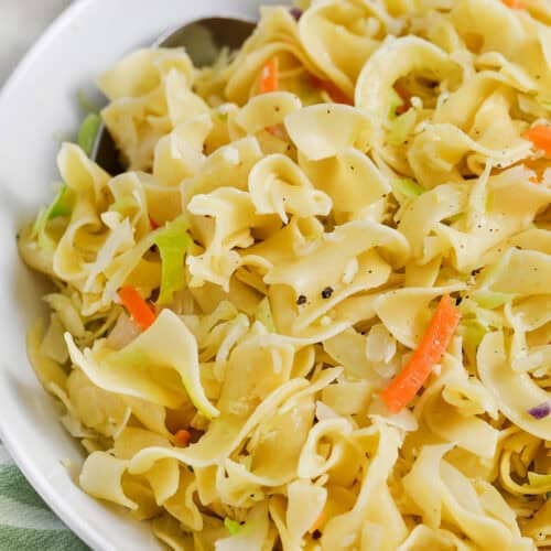 close up of buttery Cabbage and Noodles