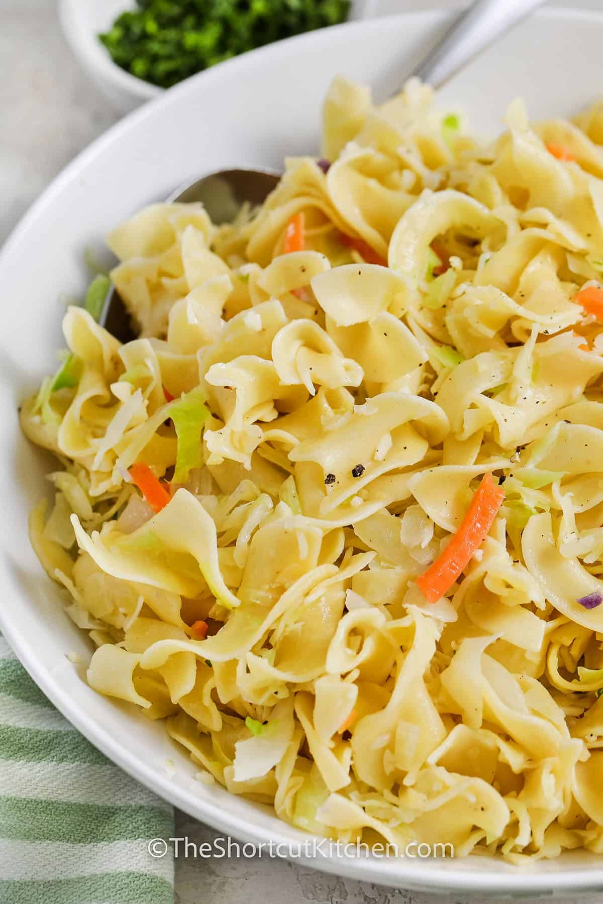 Cabbage and noodles are the perfect pair in this buttery, comforting dish! Tender egg noodles are tossed with sautéed onions, garlic, and a bag of coleslaw mix for an easy shortcut that doesn’t skimp on flavor. A little butter and seasoning bring everything together for a simple yet delicious meal or side dish. It’s warm, cozy, and perfect for busy weeknights when you need something quick and satisfying! #theshortcutkitchen close up of buttery Cabbage and Noodles