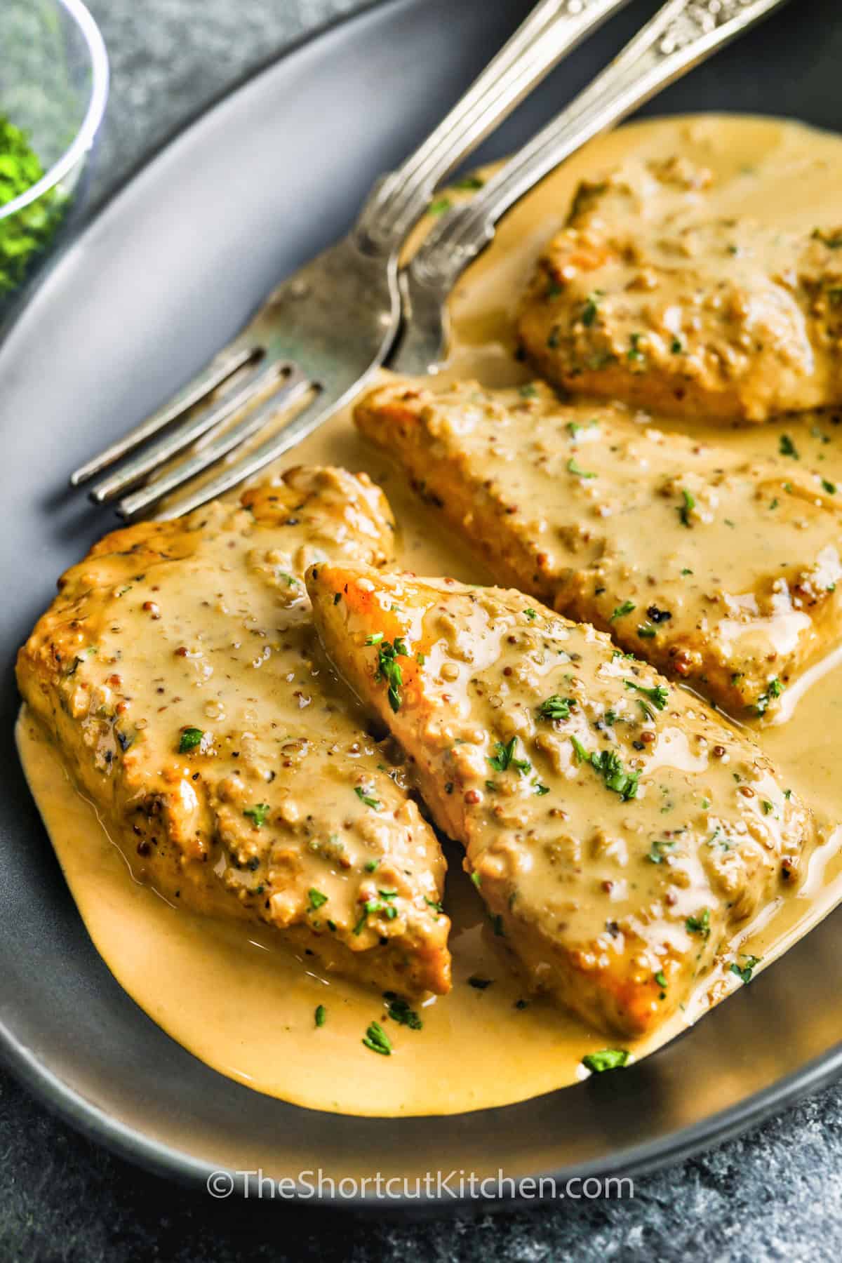 Creamy dijon chicken is a flavorful dish that is elegant enough for company, yet simple enough for a quick and easy weeknight family dinner. Tender chicken breasts are pounded to an even thickness, then seared and simmered in a rich and creamy white wine sauce flavored with soy and Dijon mustard. Serve over rice or noodles for a hearty and satisfying dish. Everything comes together in one easy skillet, making cleanup a breeze! #theshortcutkitchen plate of Creamy Dijon Chicken