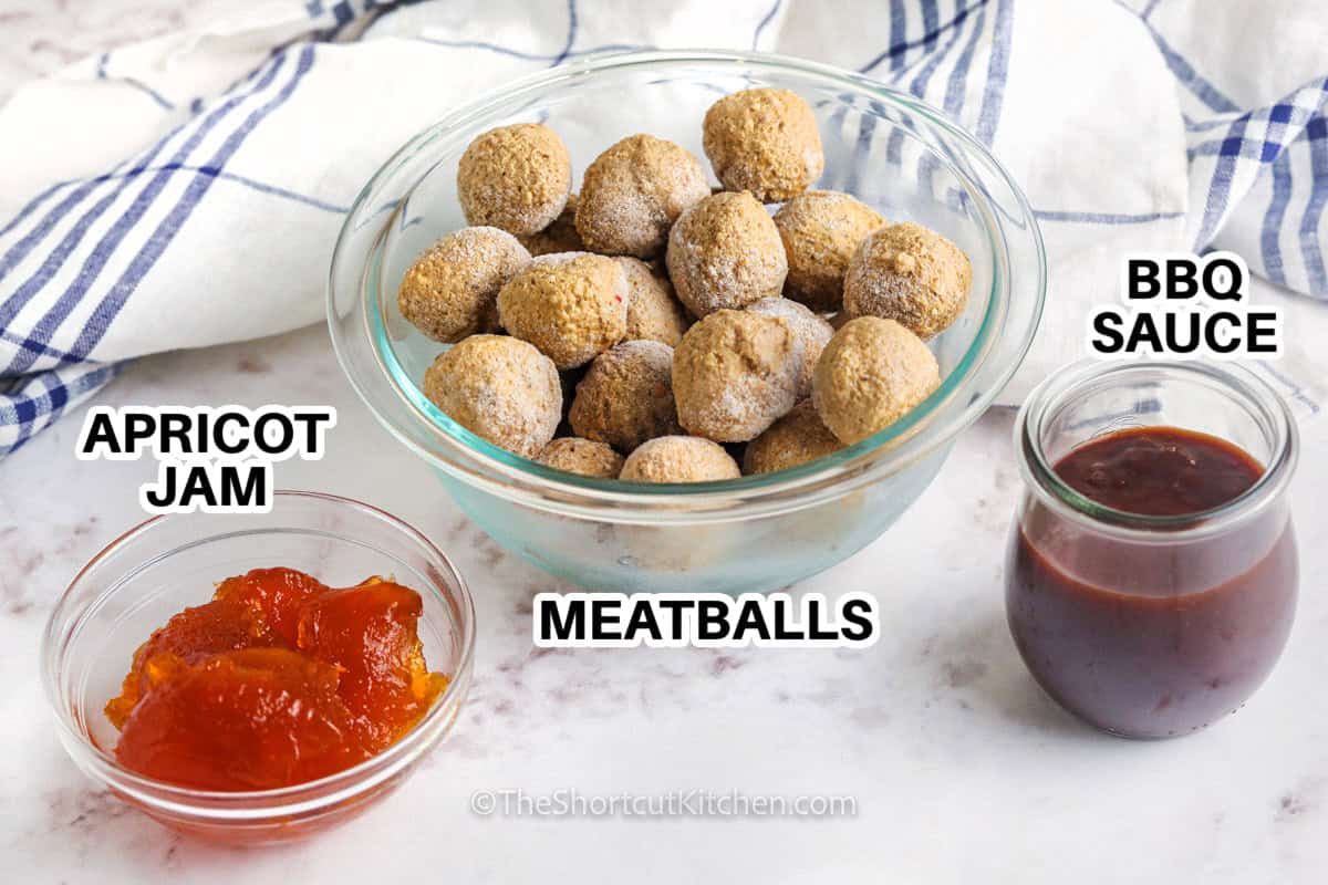 apricot jam , meatballs , bbq sauce with labels to make Easy BBQ Meatballs Recipe