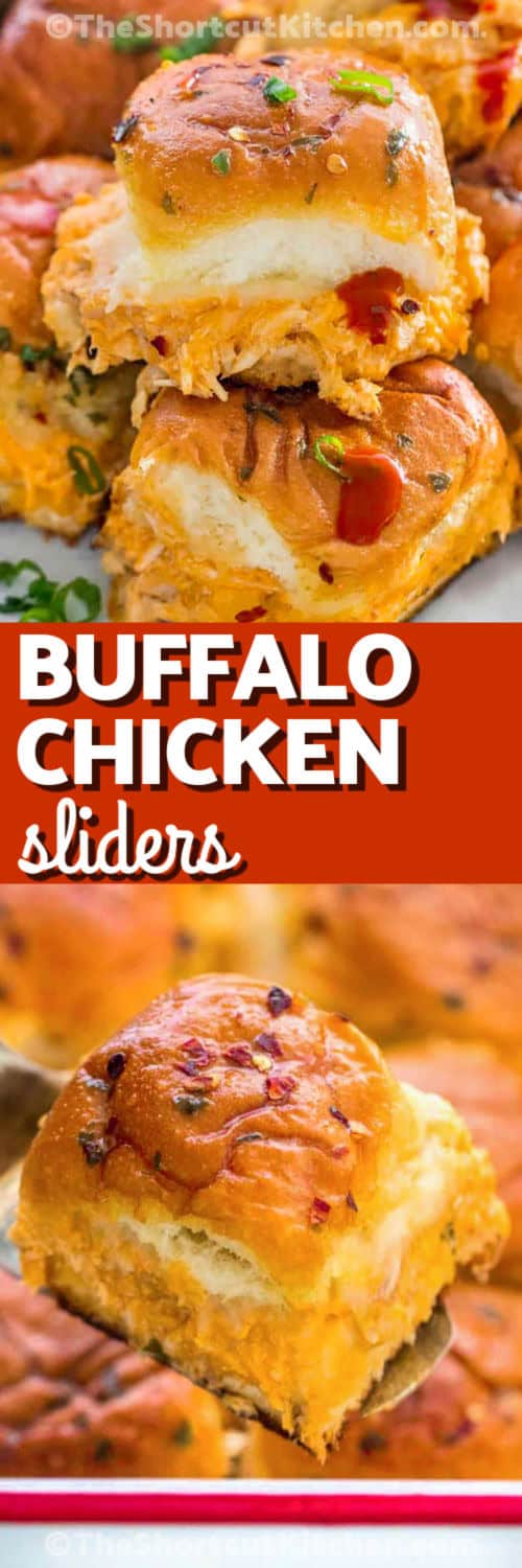 Buffalo Chicken Sliders Recipe in the dish and plated with writing