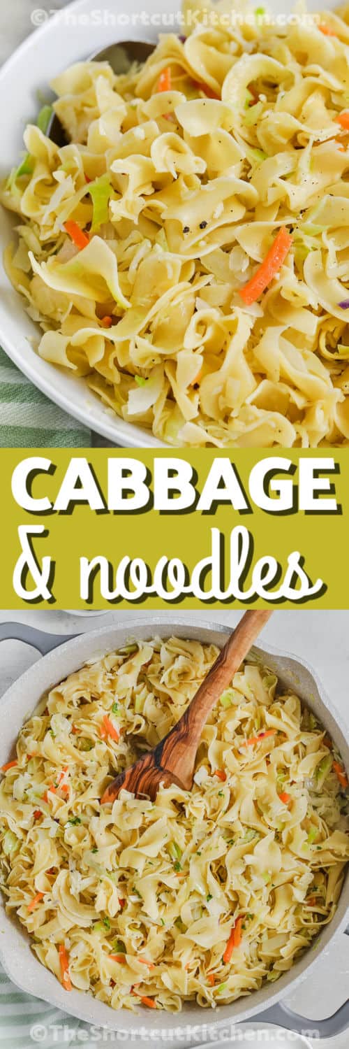 Cabbage and Noodles in a pot and in a bowl with writing