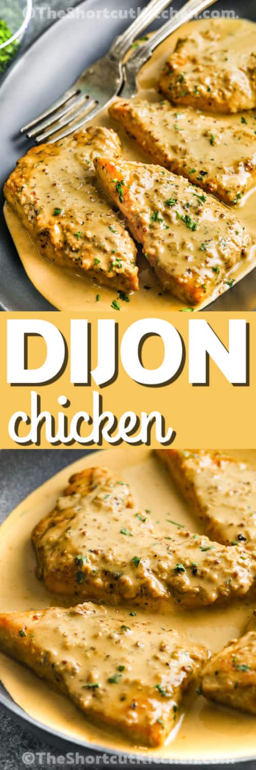 Dijon chicken is a simple yet elegant dish that’s bursting with flavor. Tender chicken breasts are cooked in a creamy, mustard-infused sauce with hints of soy sauce and white wine. This easy skillet recipe is perfect for a comforting dinner that feels fancy but takes minimal effort. Serve over rice or noodles to soak up every drop of the delicious sauce. #theshortcutkitchen Creamy Dijon Chicken in the pan and plated with a title