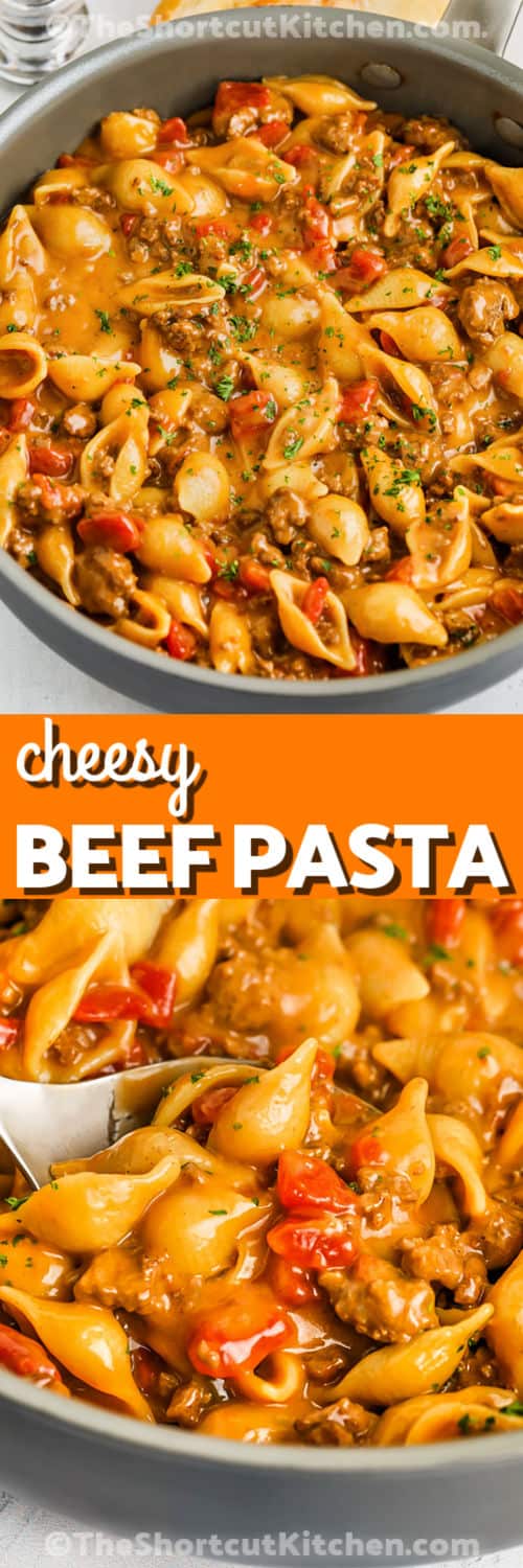 ground beef pasta in a bowl and in a skillet with writing