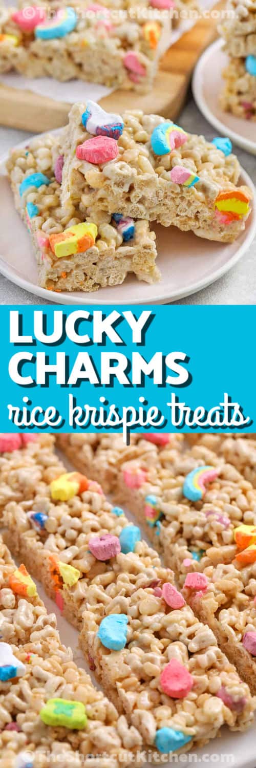 sliced Lucky Charms Rice Krispie Treats and pieces on a plate with writing