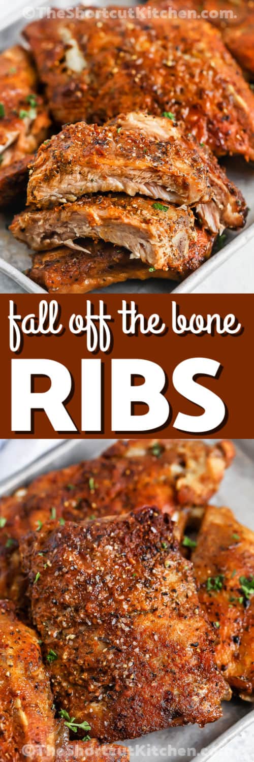 fall off the bone Oven Baked Ribs Recipe on a sheet pan and cut in slices