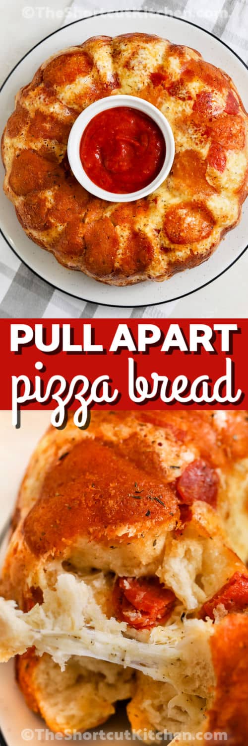 plated Pull Apart Pizza Bread and close up with a title