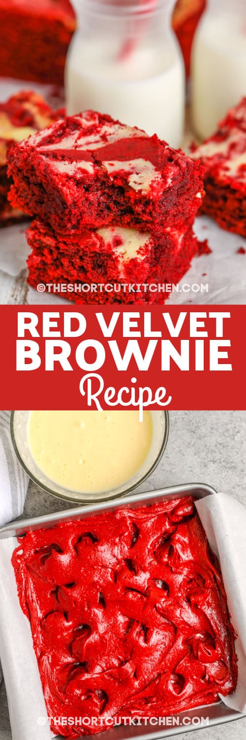 stacked red velvet brownies and red velvet brownies in a bake pan with writing