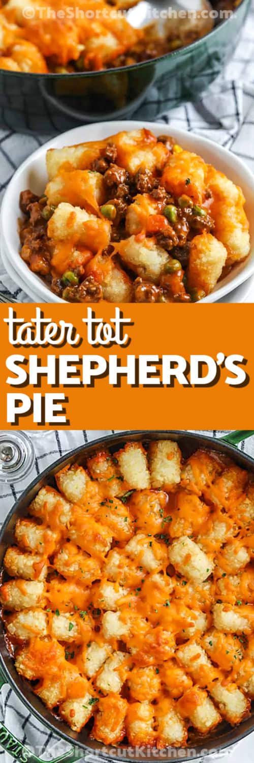 shepherd's pie in a bowl and in a cooking pot with writing