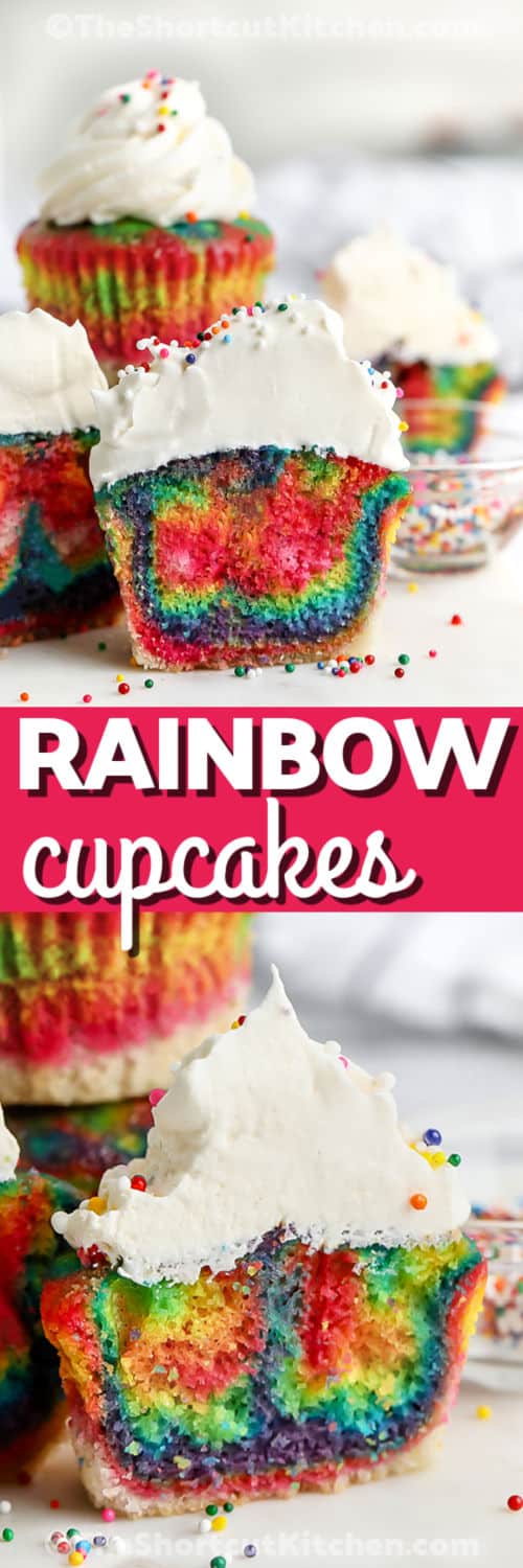 Rainbow Cupcakes with sprinkles and close up photo with a title