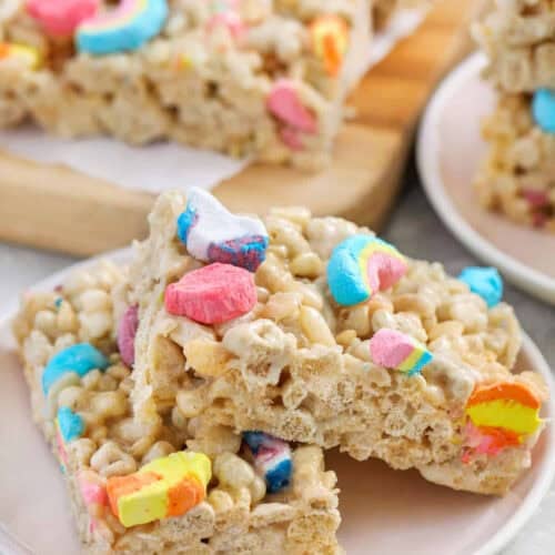 plated pieces of Lucky Charms Rice Krispie Treats