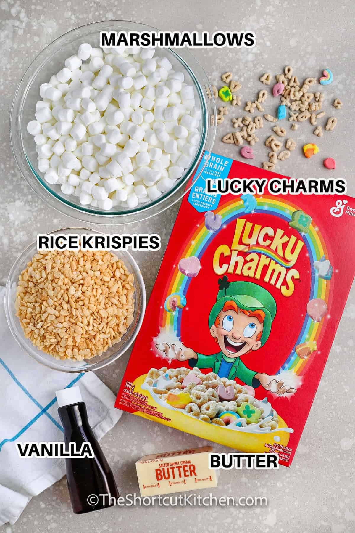 marshmallows , Rice Krispies , vanilla , butter , lucky charms with labels to make Lucky Charms Rice Krispie Treats