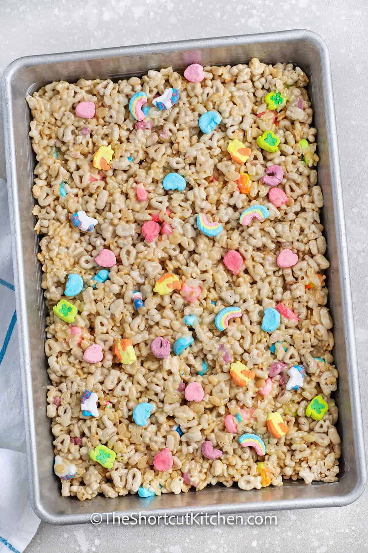Lucky Charms Rice Krispie Treats in the pan after cooling