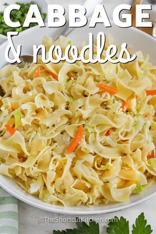 plated Cabbage and Noodles with a title