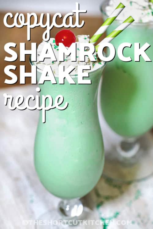 glasses of Copycat Shamrock Shake Recipe with writing