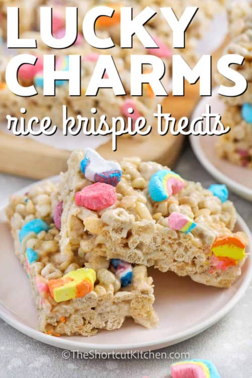plated Lucky Charms Rice Krispie Treats with writing