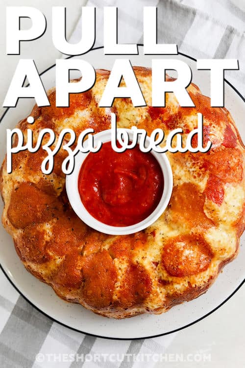 plated Pull Apart Pizza Bread with pepperoni and a title