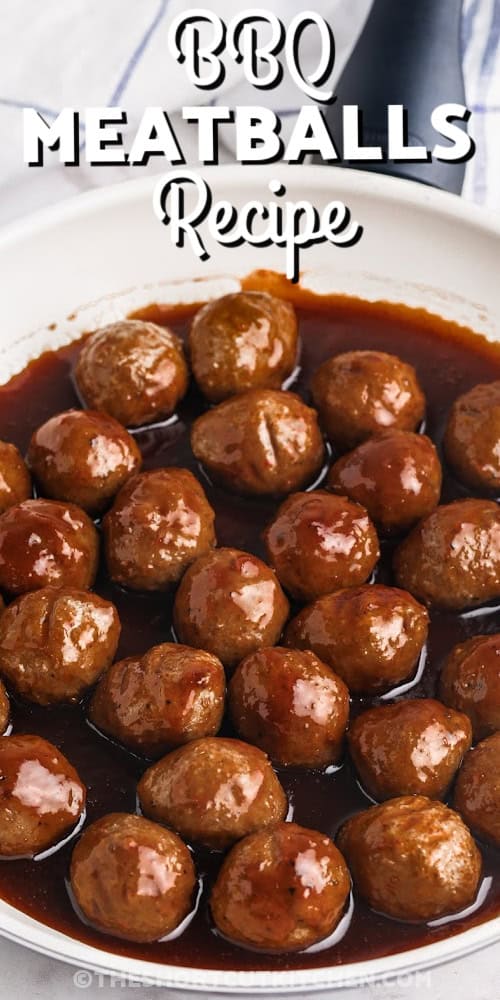 a pan of bbq meatballs with a title