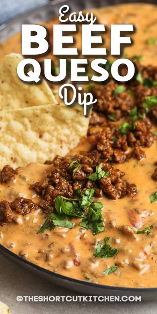 easy beef queso dip in a bowl with text