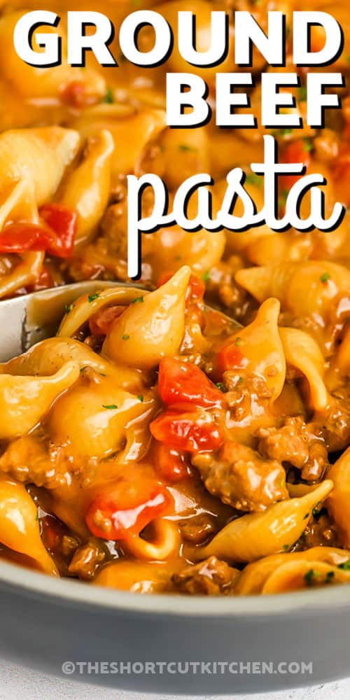 ground beef pasta in a bowl with writing