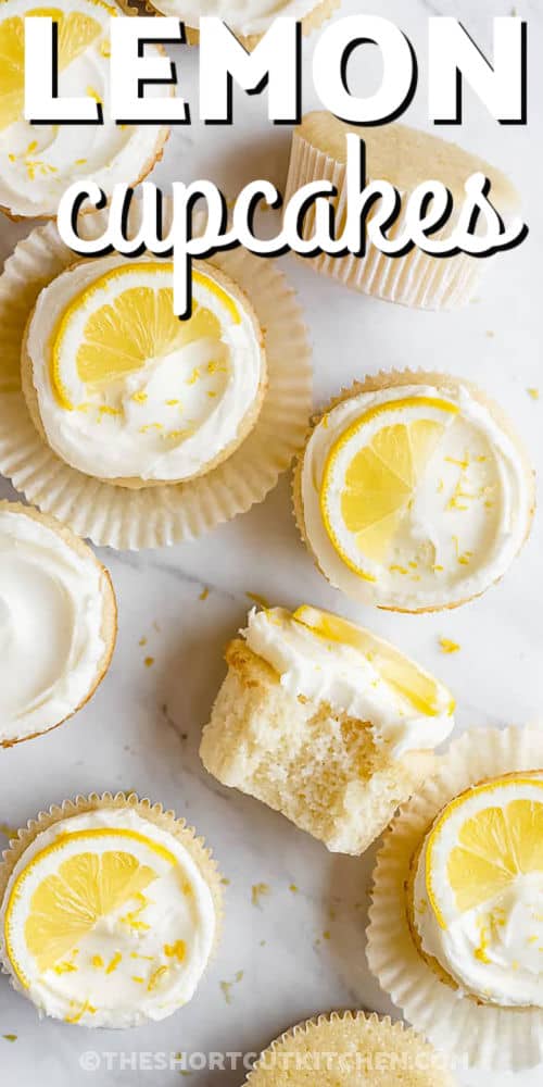 Lemon Cupcake Recipe with one that has a bite taken out and a titel