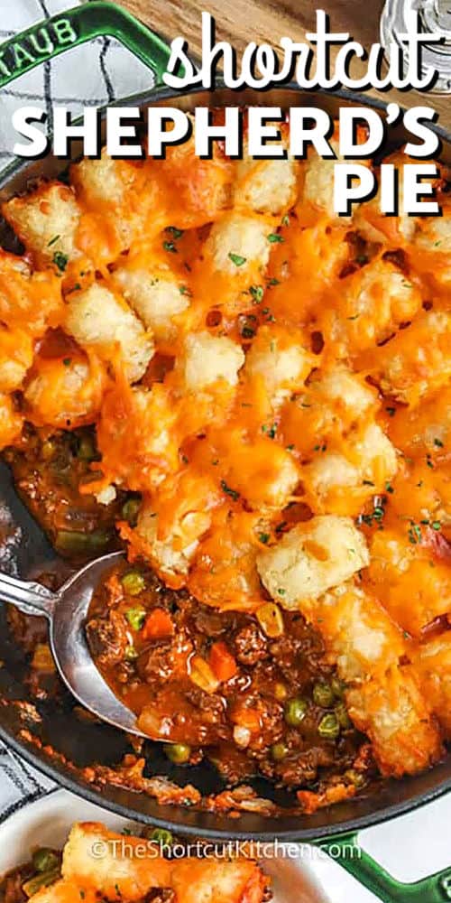 shortcut shepherd's pie in a pot with writing