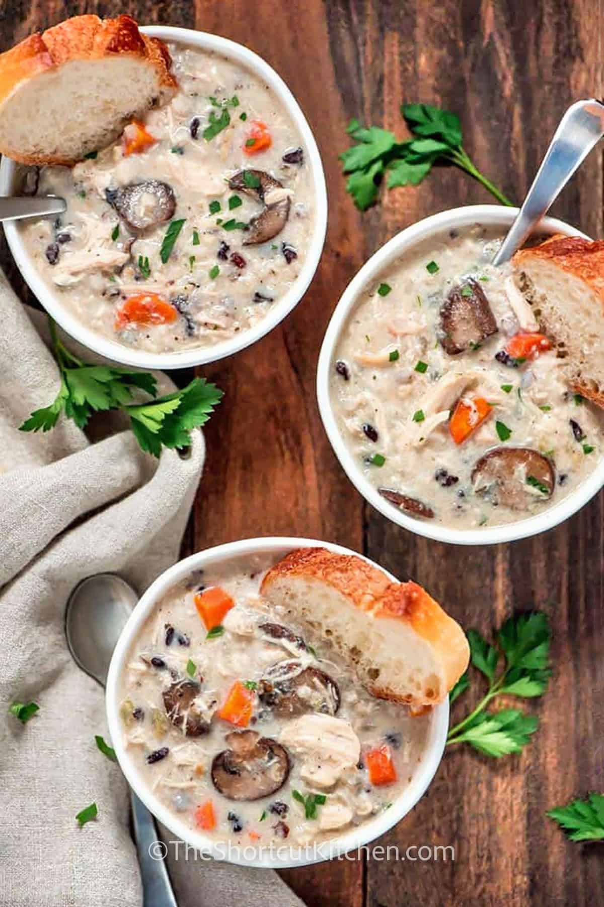 bowls of Slow Cooker Chicken Wild Rice Soup