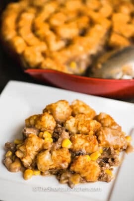 Tater Tot Hotdish Recipe in the dish and on a plate