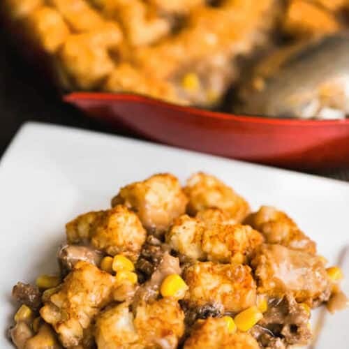 Tater Tot Hotdish Recipe in the dish and on a plate