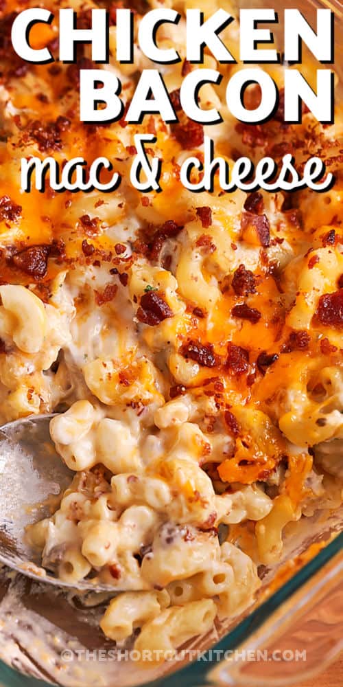 buffalo chicken mac and cheese in a casserole dish with a spoon and writing