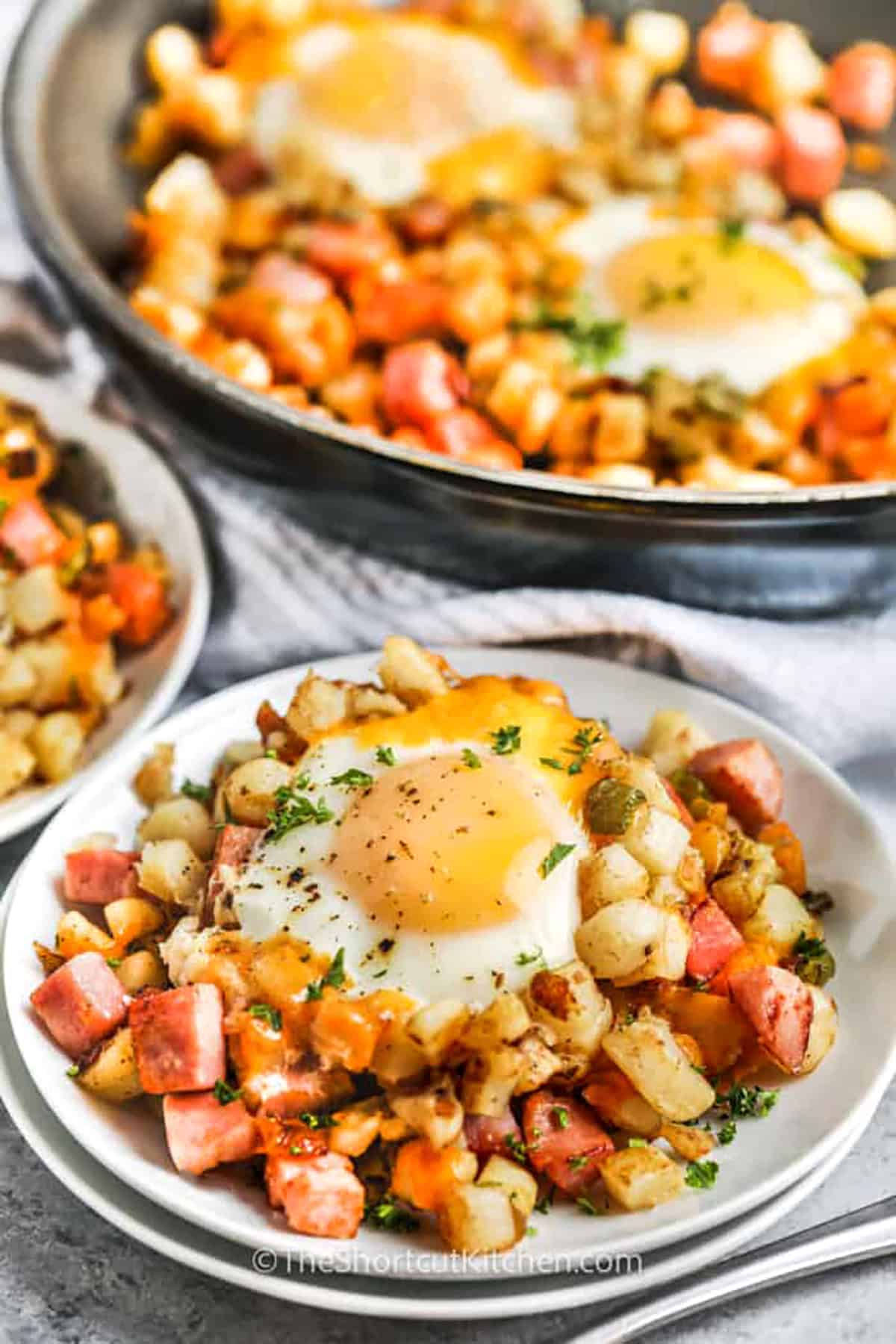 For a quick and hearty morning meal, try this easy breakfast hash recipe! Eggs and ham are cooked with crispy potatoes in a skillet, topped with gooey melted cheese. It’s the best way to use up leftovers like baked or mashed potatoes. Swap in sausage or bacon for extra flavor, or add veggies for a twist. Serve with toast or fresh fruit for a wholesome and delicious breakfast the whole family will enjoy! #theshortcutkitchen Breakfast Hash Recipe on a plate with pan full in the back