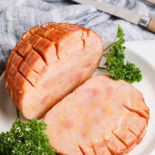 plated and sliced Crockpot Brown Sugar Ham