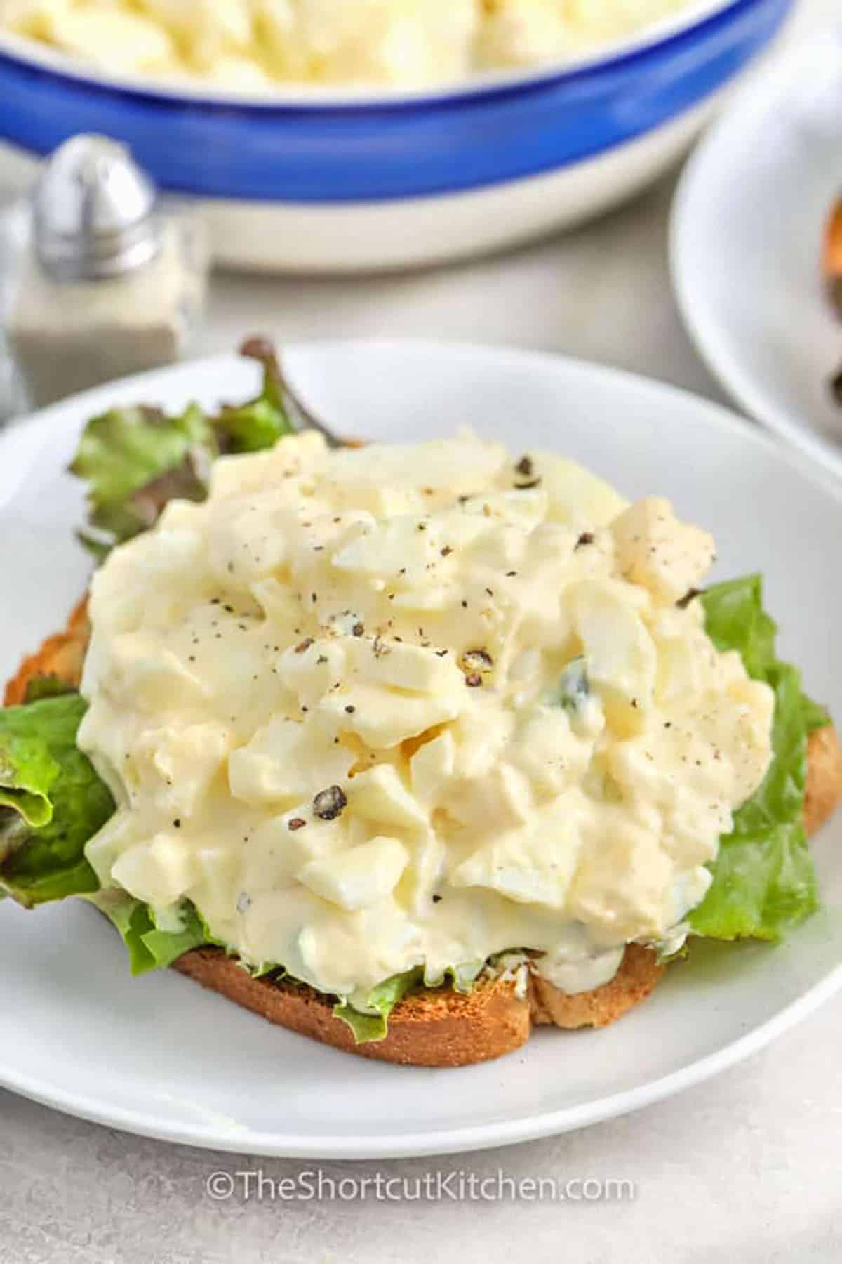 When you need an easy egg salad recipe, this one has you covered. It’s simple, creamy, and full of tangy flavor from mayo, mustard, and a splash of briny pickle juice. Just mix chopped hard-boiled eggs with a few basic ingredients, and you’ve got a homemade classic. It’s best enjoyed in sandwiches, on toast, or with crisp veggies. Add a personal touch with diced celery, fresh herbs, or sweet relish for extra crunch and flavor. #theshortcutkitchen Best Egg Salad Recipe sandwich on a plate